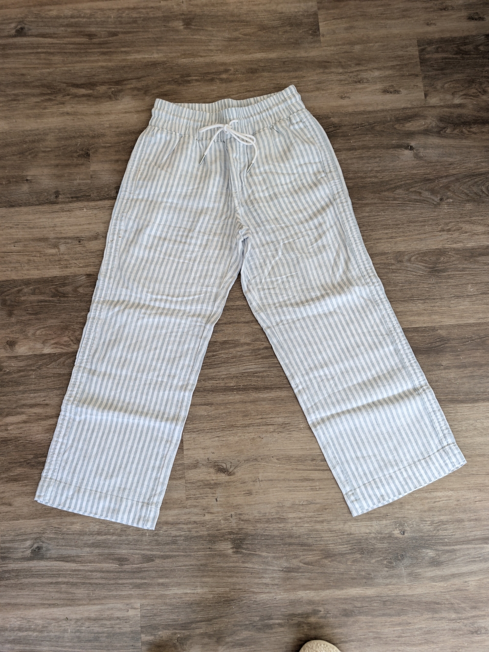 Quince Women's 100% European Linen Wide-Leg Drawstring Pants - Blue/White Stripe